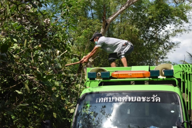 ลงพื้นที่ตัดแต่งกิ่งไม้สองข้างทางถนนปอเหนาะชะรัด ม.5 - หูเล่ ม.8 ตำบลชะรัด เพื่อความปลอดภัยในการสัญจ